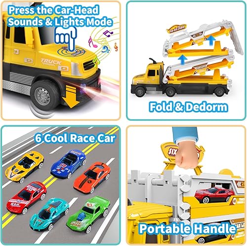 Miniatura 9 de Camión transportador de juguetes para niños, auto plegable de 4.6 pies de expulsión de pista y 6 autos de carreras de metal con luz y sonidos,
