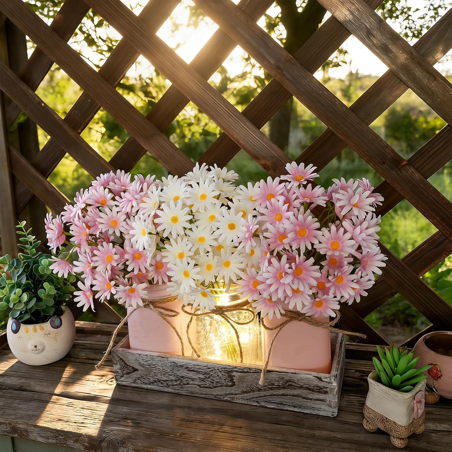Mason Jar Lights Centerpiece Table Decor for Dining Room – Farmhouse Wood Tray with 3 Jars, Pink & White Daisy Flowers, Valentines Day & Wedding Decoration for Coffee Table, Kitchen, Living Room