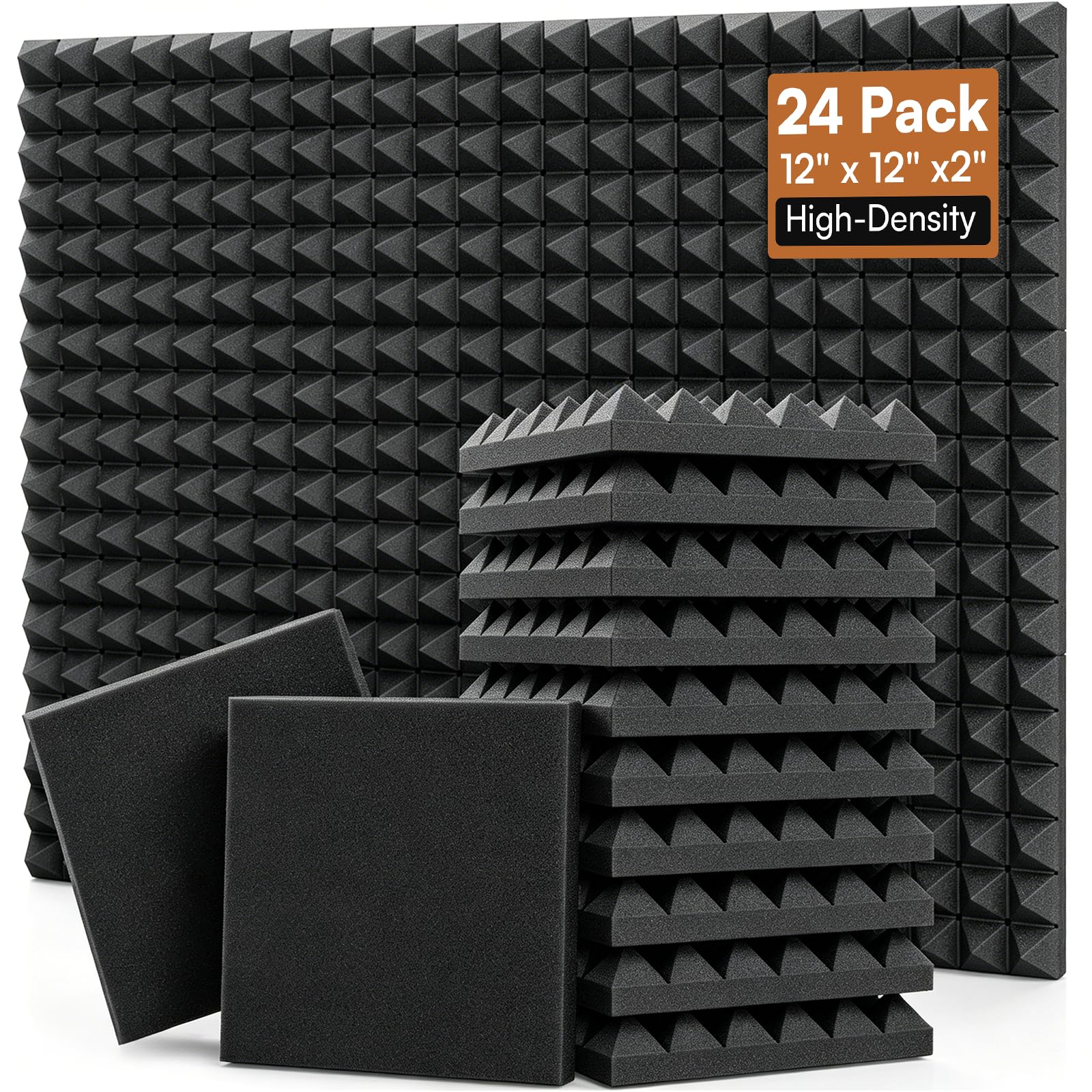 24 Pack 2” Thick Pyramid Acoustic Foam, Sound Proof Foam Panels for Walls