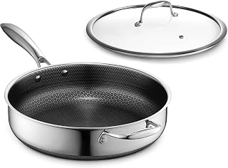 HexClad Hybrid 4.5 Qt Deep Sauté Pan with Glass Lid - Nonstick Sear, Oven-Safe 900°F, Induction Ready, Dishwasher Safe