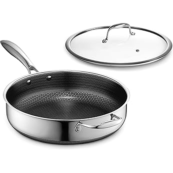 HexClad Hybrid 4.3 Litre Saute Pan - Saut  Pan with Lid & Stay Cool Handle - Saut  Pan for All Hobs Including Induction - Non-Stick Honeycomb Frying Pan - Oven and Dishwasher Safe