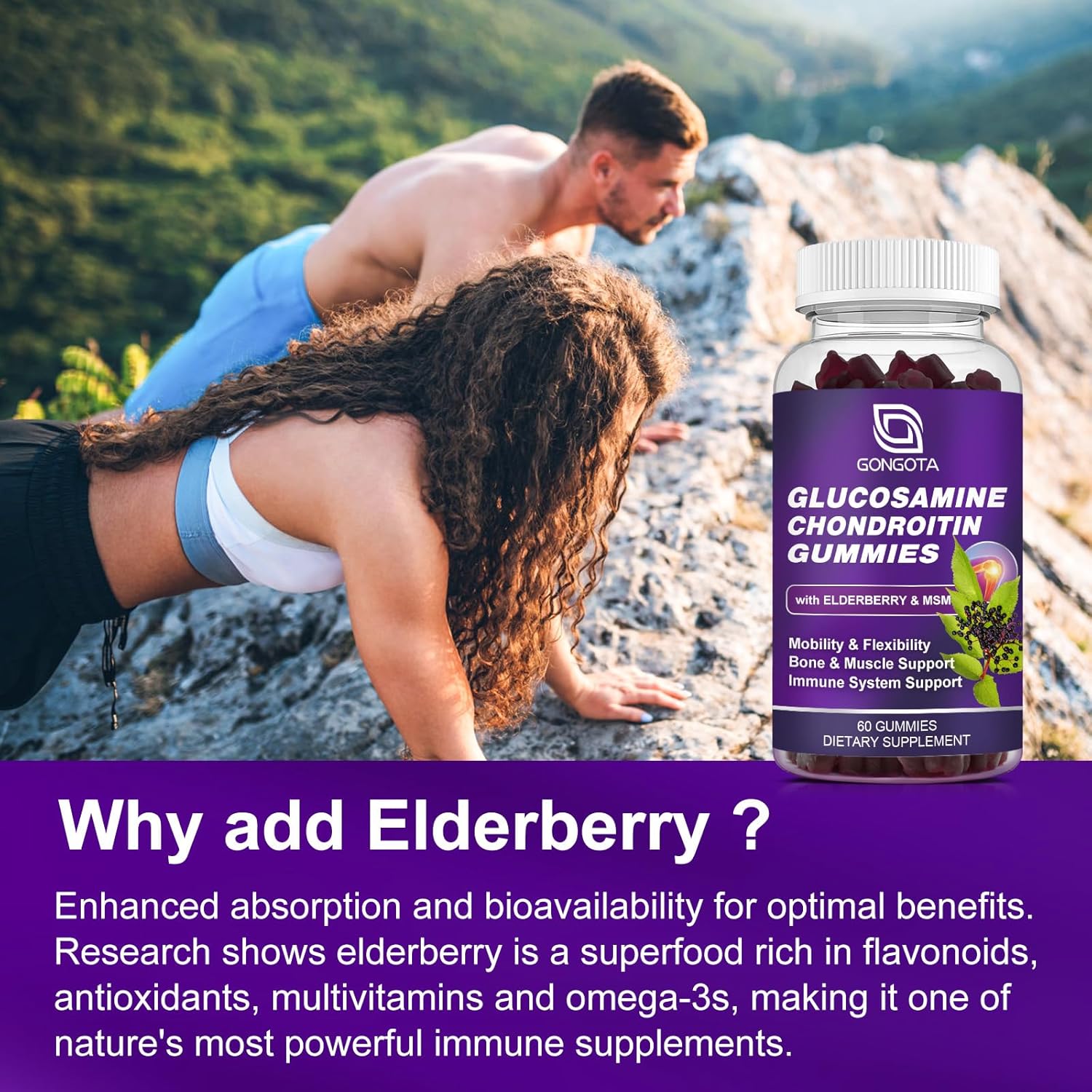 Glucosamine Chondroitin Gummies - 2- Pack, Extra Strength 1500mg Glucosamine with MSM & Elderberry, Flexibility Support, Best Cartilage & Immune Support Supplement for Men and Women - 120 count - Image 5