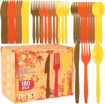 Plastic Silverware Heavy Duty Plastic Cutlery Set Heavyweight Disposable Flatware Includes Spoons Forks Knifes for Birthday Party Prom Night Wedding Dinner 180, Yellow Orange Brown