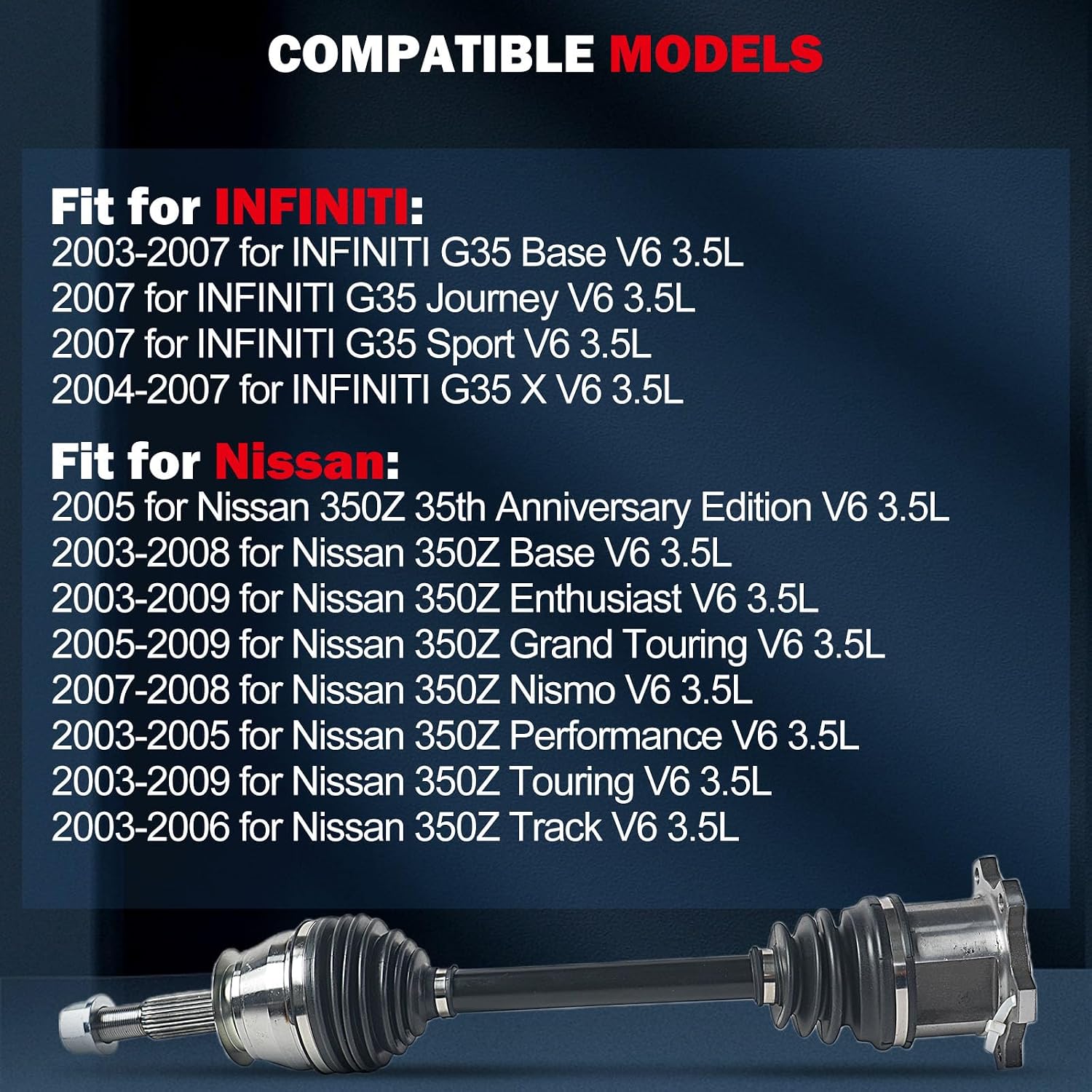 cciyu NCV53500 CV Axle Shaft Assembly Fit For INFINITI G35 3.5L,For Nissan 350Z 3.5L 2003-2009 Rear Left