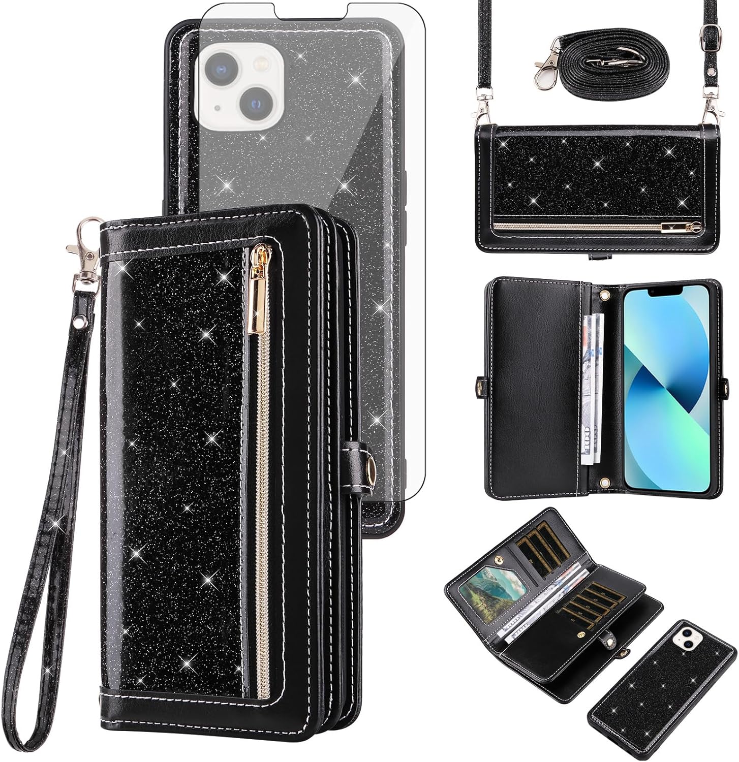 Asuwish Phone Case for iPhone 13 6.1 inch Zipper Wallet Detachable Cell Cover with Screen Protector Strap Bling Glitter Flip Card Holder iPhone13 5G i i-Phone i13 iPhone13case Women Men Girls Black
