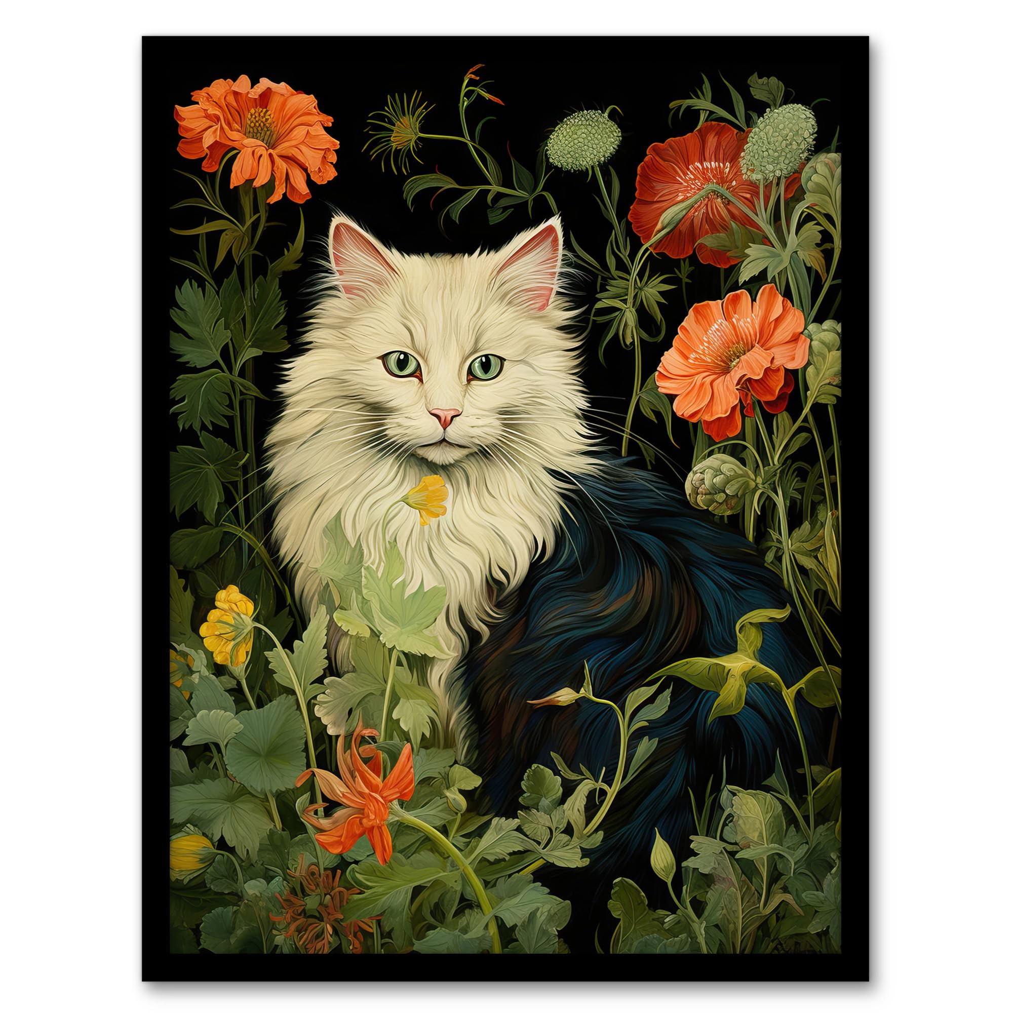 Artery8 Stylish Black And White Cat Flowers Green Floral Design Illustration Peony Artwork Framed Wall Art Print A4
