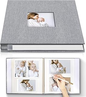 Popotop Photo Album Self Adhesive with Picture Display Window,40 Pages DIY Baby Memory Book for 4x6 8x10 Picture,Linen Cover Scrapbook for Wedding,with Scraper and Metallic Pen