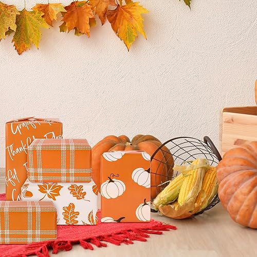 Miniatura 6 de Whaline 12 hojas de papel de regalo de otoño, hojas de otoño, calabaza a cuadros, papel de embalaje de 4 estilos naranja y blanco, papel de