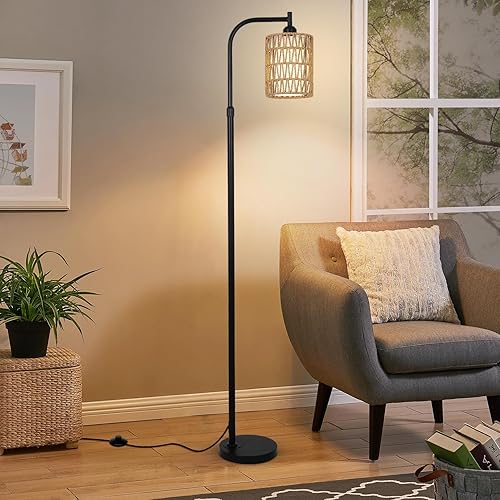 Miniatura 9 de Lámpara de pie con control remoto, lámpara de pie de ratán regulable con bombilla LED, lámpara de poste alto industrial negra con pantallas de ratán
