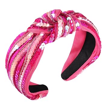 Valentines Day Headband Glitter Hot Pink Sequins Beaded Valentines Knotted Headband for Women Girls Valentine Wide Knot Head Band Valentines Day Headband Hair Accessories Gifts