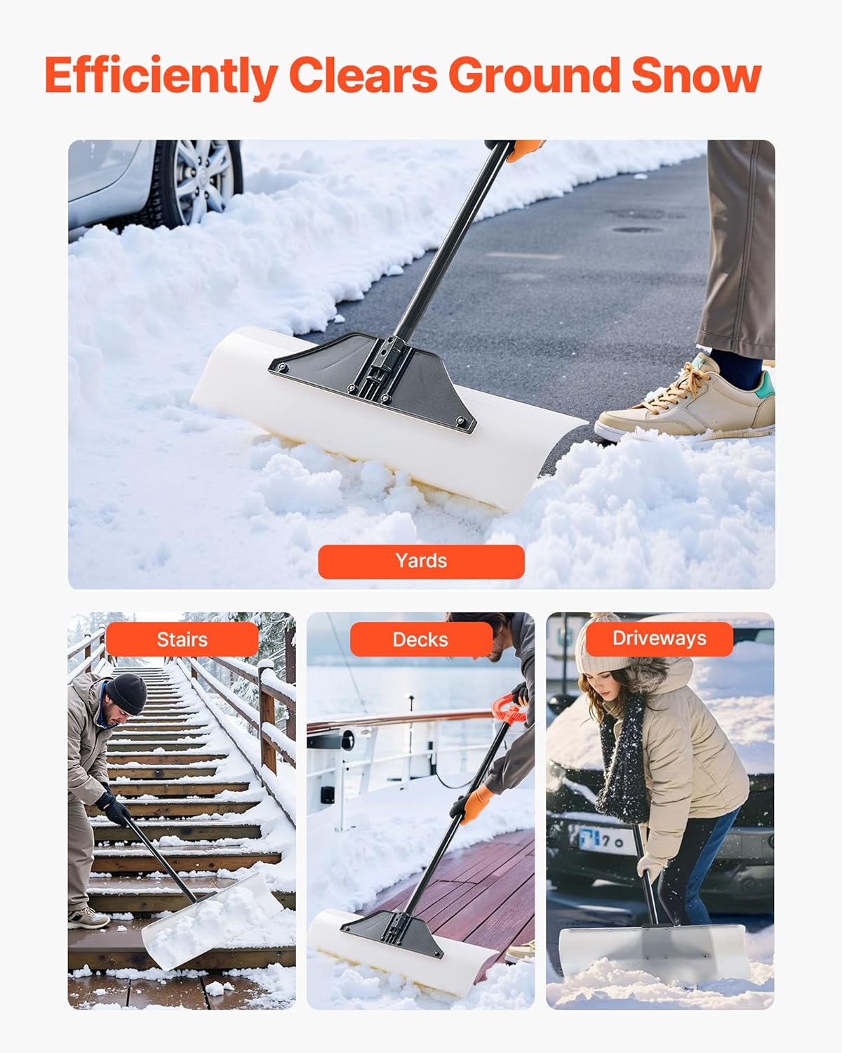 VEVOR Snow Pusher, 30 inch Wide Push Snow Shovel Plow for Driveway, Sidewalks and Doorways with Segmented Handle, Ergonomic Grip and HDPE Plastic Blade