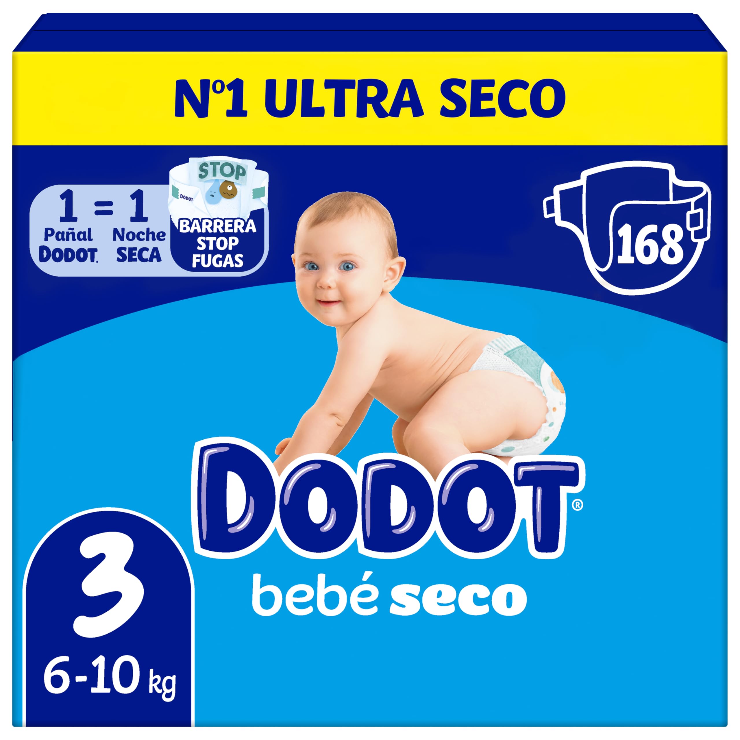 Dodot Pañales Bebé-Seco, Talla 3 (6-10 kg), 168 Pañales, Una Noche Hasta Un 100% Libre De Fugas, (2 paquetes de 84 pañales)