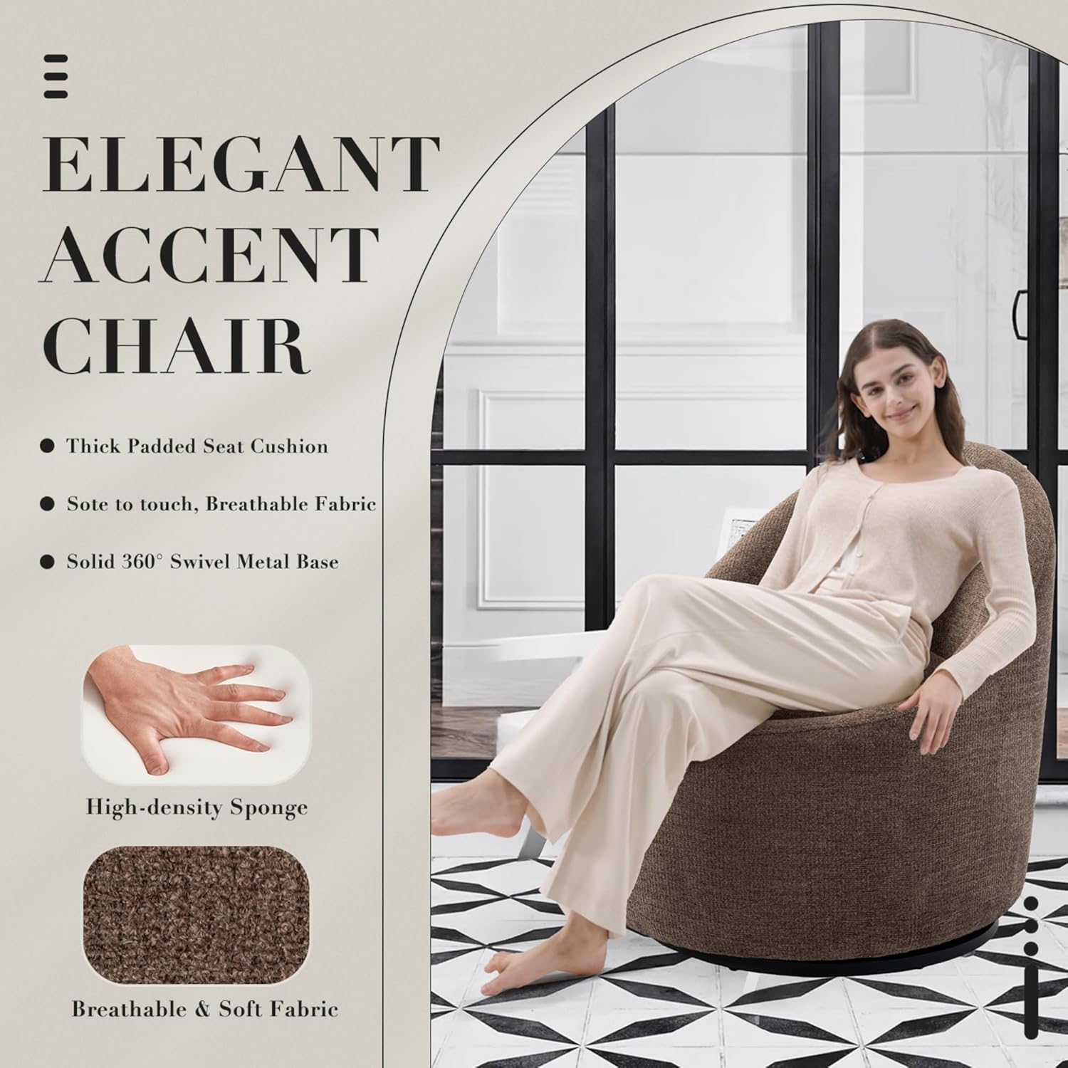 COLAMY Modern Swivel Accent Chair with Hidden Storage, 360° Barrel Swivel Chair, Small Swivel Armchair for Living Room/Bedroom, Brown, Textile Material