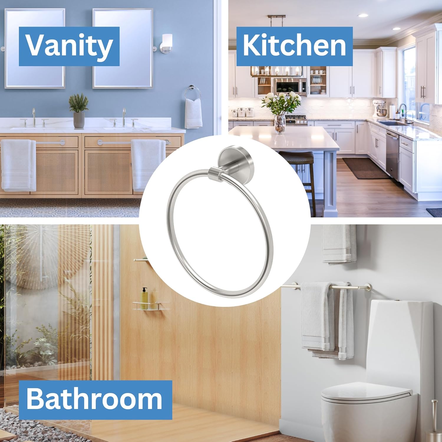 Gatco 5562 Sky Towel Ring | Modern Hand Towel Holder for Bathroom | Stylish Decorative Hardware, Heavy Duty Metal, EZ Ancor Mounting | Satin Nickel