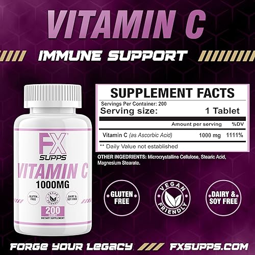 Miniatura 3 de FXSUPPS Vitamina C 1,000 mg 200 unidades (1 paquete de 200 tabletas) | Suplemento de vitamina C vegano para hombres y mujeres adultos | Apoya el