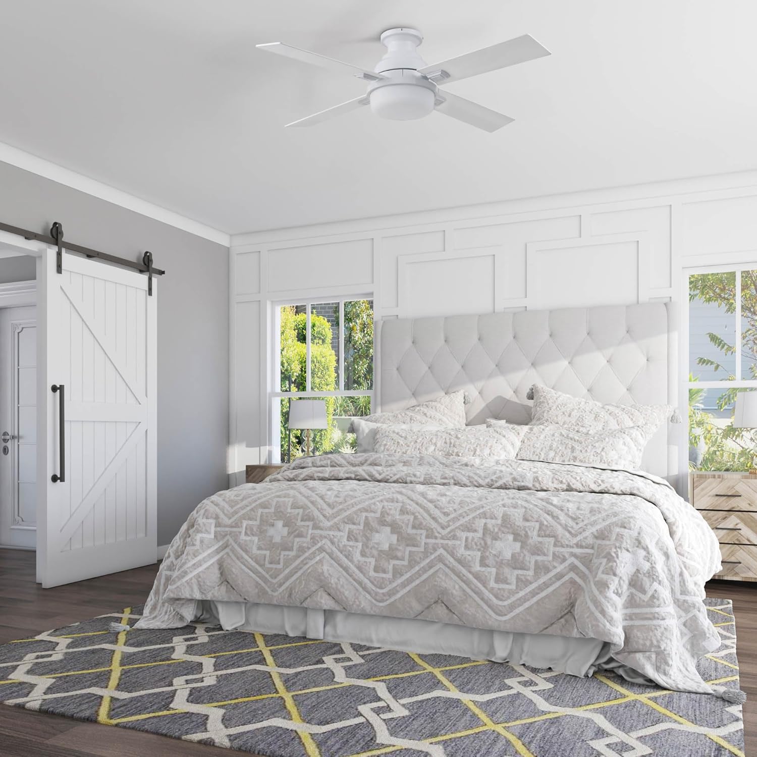 Prominence Home Kyrra, 52 Inch Contemporary Indoor Semi Flush Mount LED Ceiling Fan with Light, Remote Control, Dual Finish Blades, Reversible Motor - 51680-01 (White)