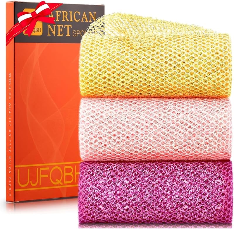 UJFQBH Esponja de banho em rede de nylon, cores Bright Yellow, Pink e Purple, pacote com 3