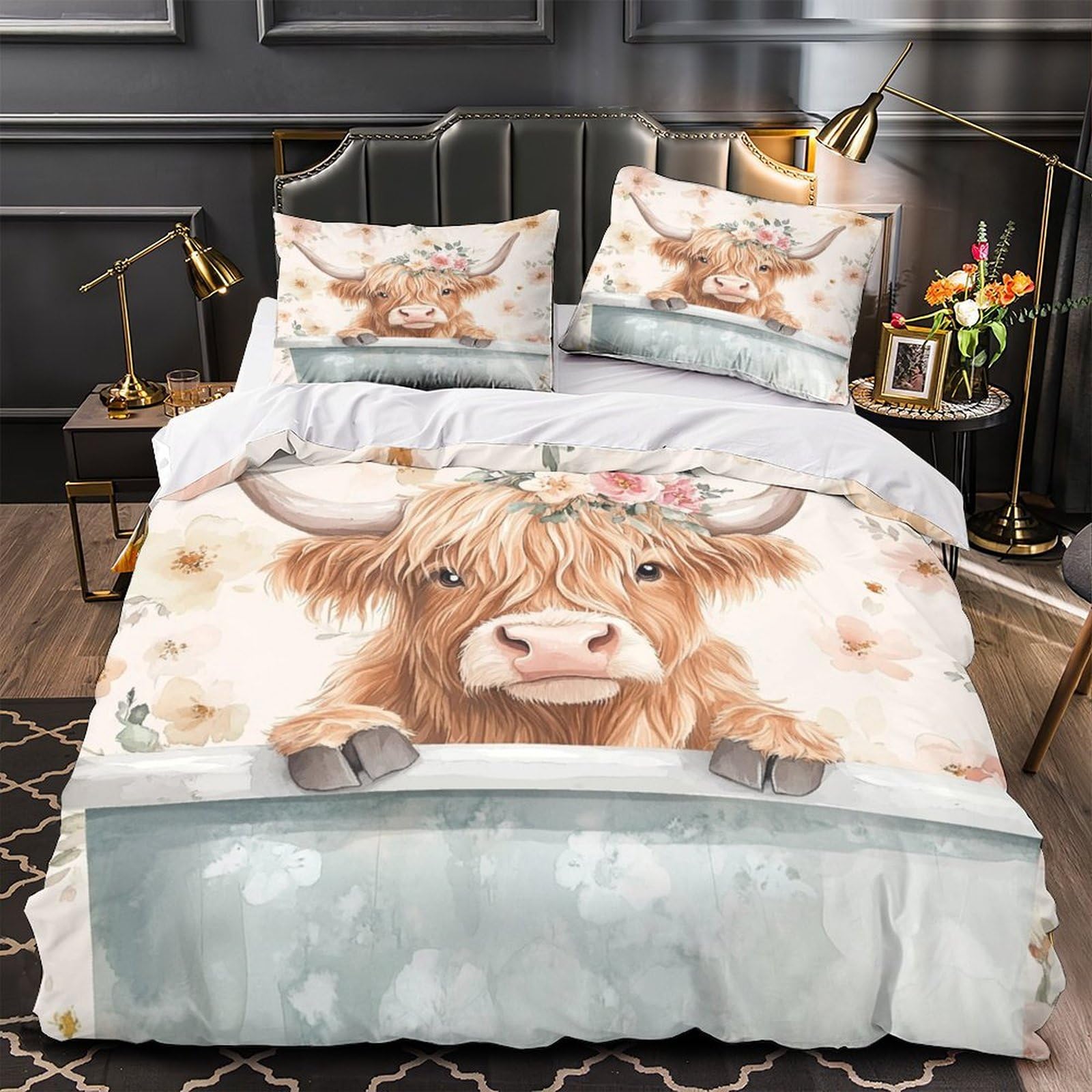 Parure de lit aquarelle florale motif vache des Highlands