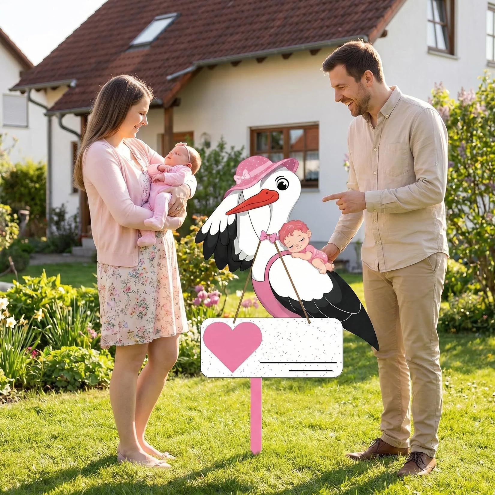 Cigogne à Clapette pour Naissance Bébé Imprimé Sur Deux Faces avec Bâton en Bois Plaque Nominative pour L'intérieur Et L'extérieur Idée Cadeau Naissance (Rose)