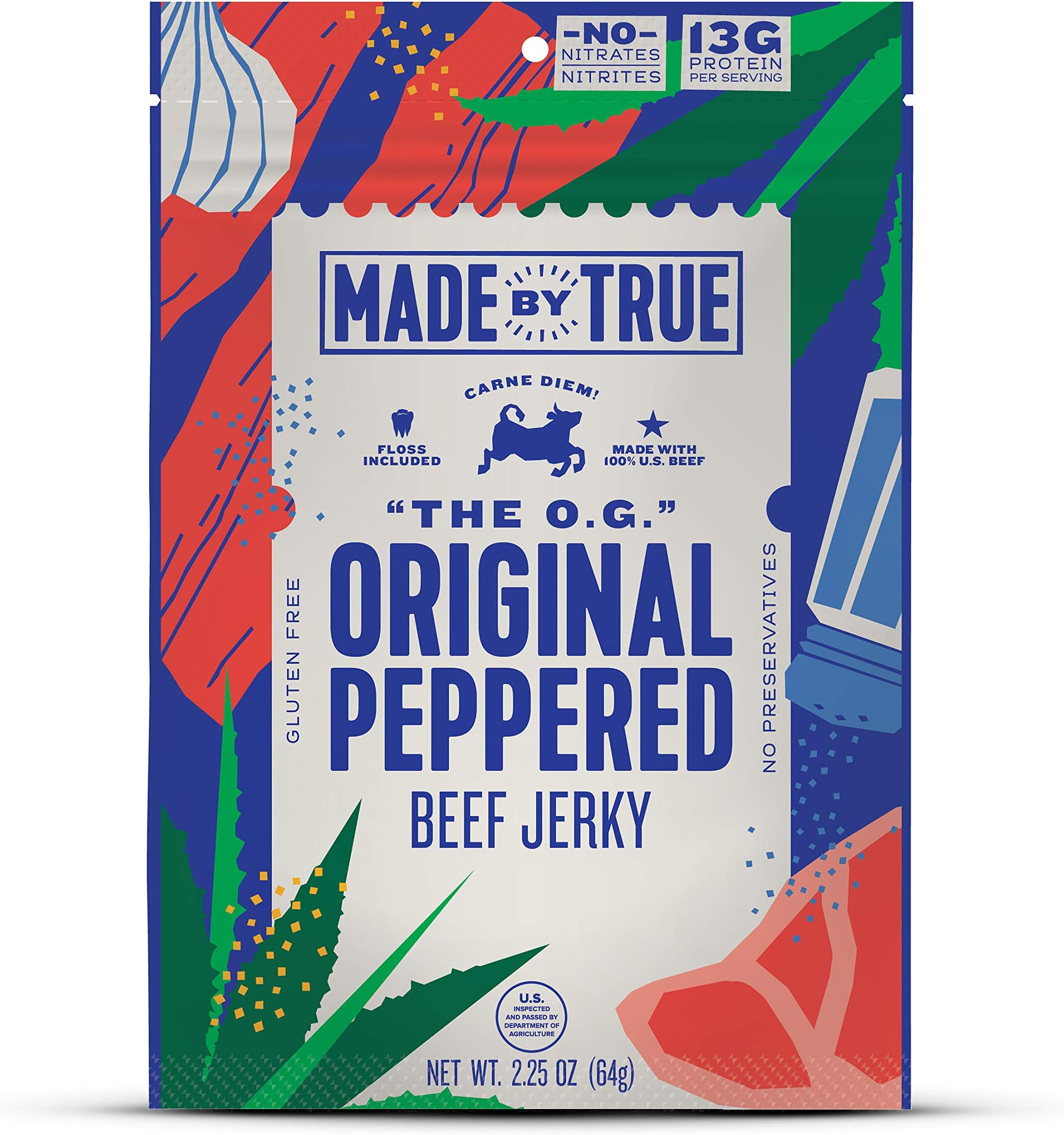 True Jerky Beef Jerky, Original Peppered, The OG, Gluten Free, No Preservatives, 2.25 Ounce (5 Pack)