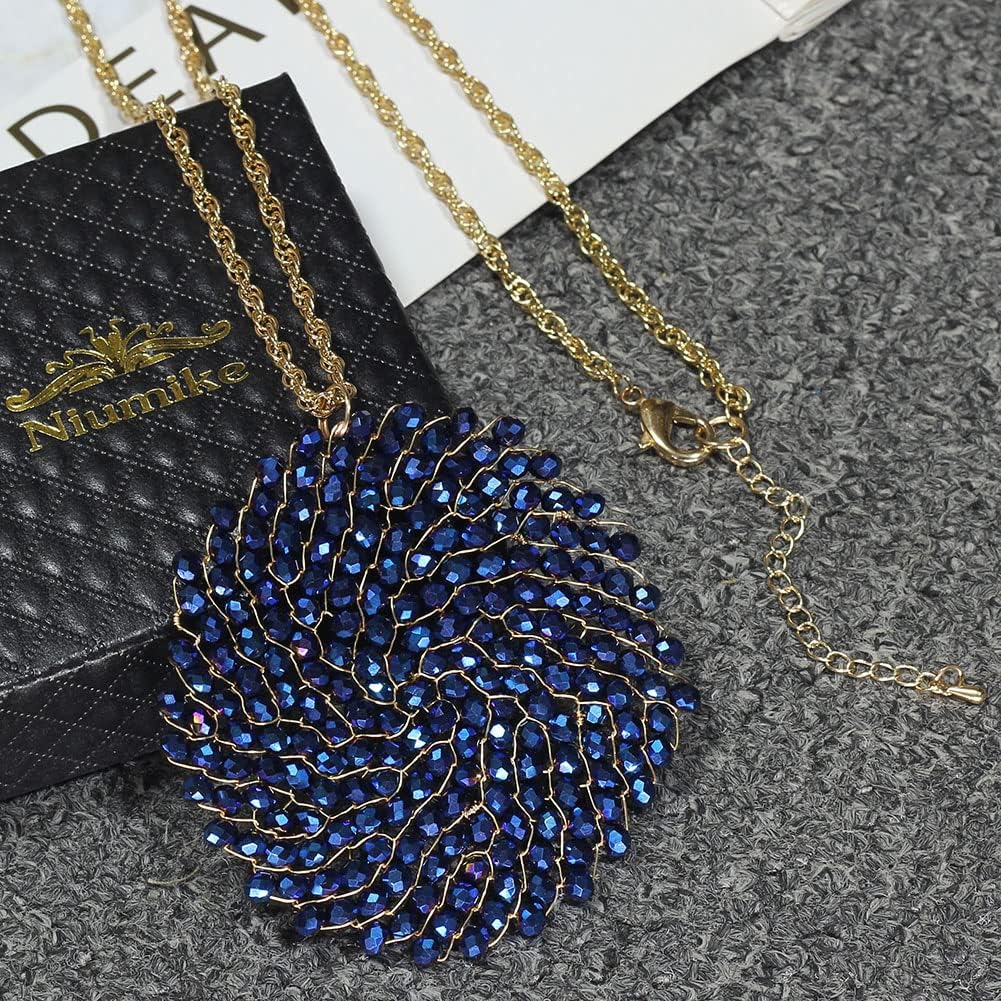 Niumike Long Pendant Necklace for Women - Womens Handmade Long Statement Beaded Crystal Large Disc Circle Pendant Gold Plated Sweater Chain Boho Necklaces - Image 4
