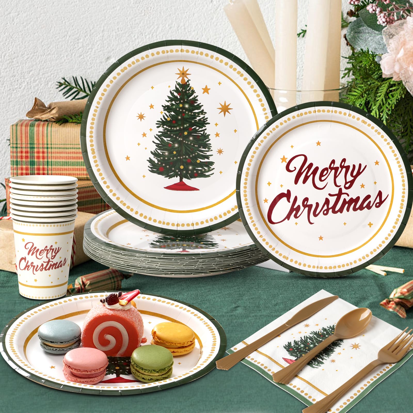 Dereinwo 175 Pcs Christmas Tree Party Supplies Table Set Christmas Paper Plates Napkins Cups Forks Knifes Spoons for Xmas Green and White Disposable Paper Dinnerware Table Decoration