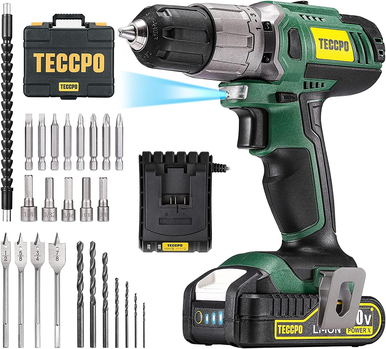 TECCPO Home Tool Kit & Drill, 63Pcs, 2.0Ah Battery and 1 Hour Fast Charger, Cordless Drill with 310 in-lbs Max Torque, 21+1 Clutch, Socket, Screwdriver, Wrench, Storage Toolbox - BHD100D