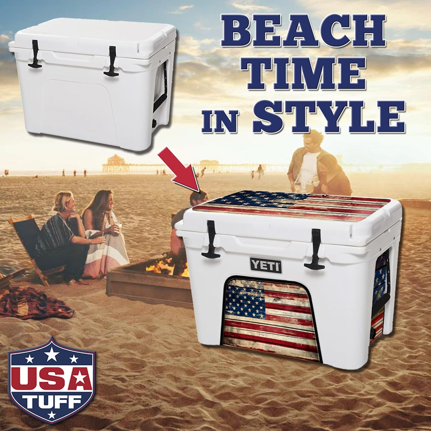 USATuff Vinyl Cooler Lid & Insert Kit Compatible with YETI | Easy Peel & Stick Application Cooler Skin Decal Wrap | Durable Pre-Cut Pieces | Made for Outdoor Use - Old Glory Flag Design