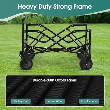 Homgava Collapsible Folding Wagon Cart,Outdoor Beach Wagon,Heavy Duty Garden Cart with All Terrain Wheels,Portable Large Capacity Utility Wagon for Camping Fishing Sports Shopping, Black