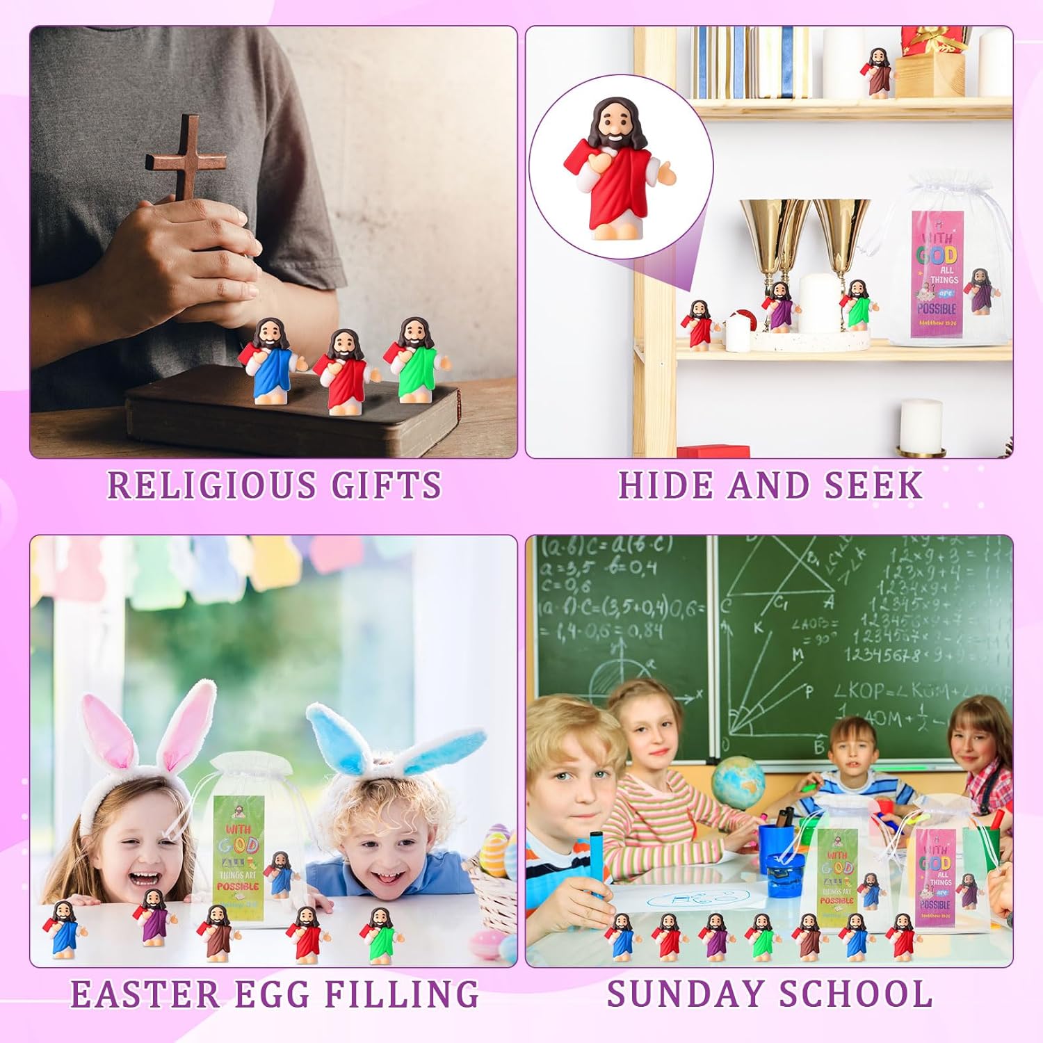 Barydat 50 Sets Mini Jesus Figures with Bible Verse Cards & Organza Bags for Christian Gifts Bulk Easter Sunday School Baptism First Communion VBS Gifts Religious Party Favors(Bible-Holding Style)