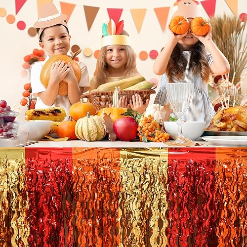 Miniatura 5 de Mega-L - Decoraciones de fiesta de otoño, paquete de 2 faldas de mesa con flecos metálicos ondulados de oropel para mesa rectangular y redonda,