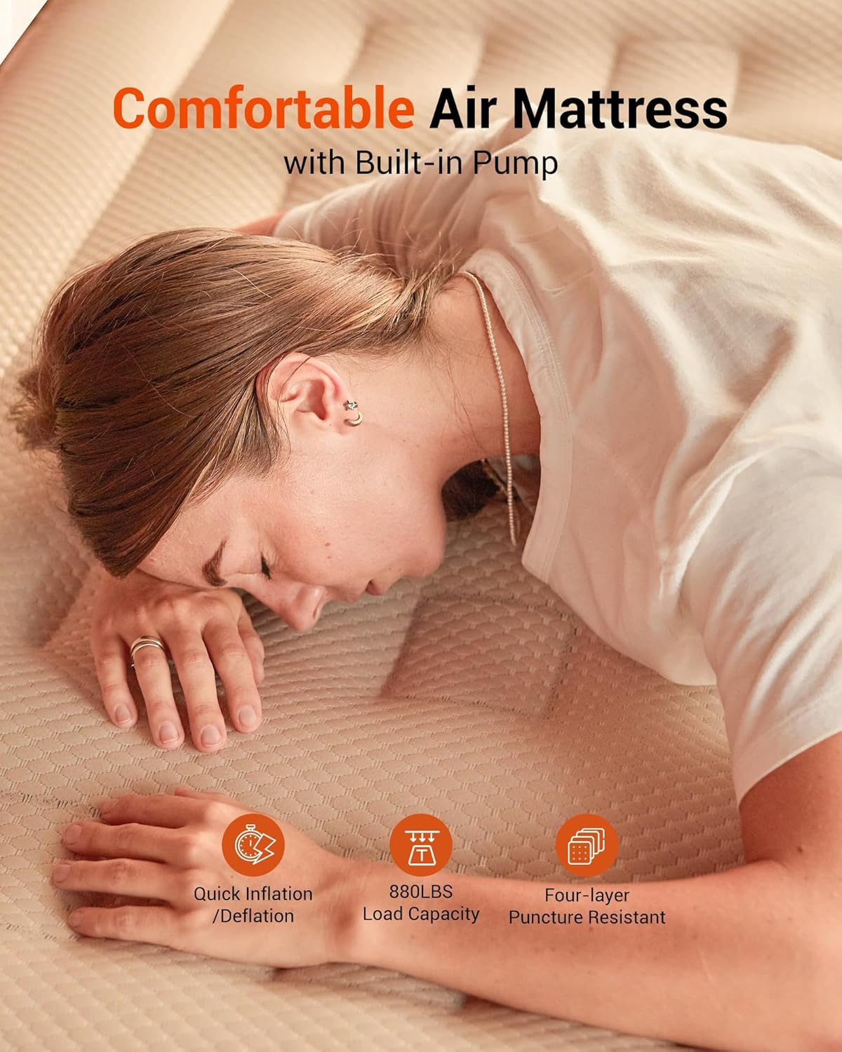 KingCamp Camper Delux Air Mattress Queen with Pro Pump, 17" High-Rise Blow Up Mattress Air Bed, Bamboo Fiber Inflatable Bed with 880lbs Weight Capacity for Guests, Home and Camping, Beige