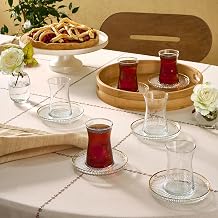 KARACA Nilufer 12-Piece Turkish Tea Glass & Saucer Set, 5.7 oz (170 ml) Gold Trim Clear Glass Tea Service for 6 People, Geometric Pattern Tulip Teacups with Saucers, Hand Wash Recommended