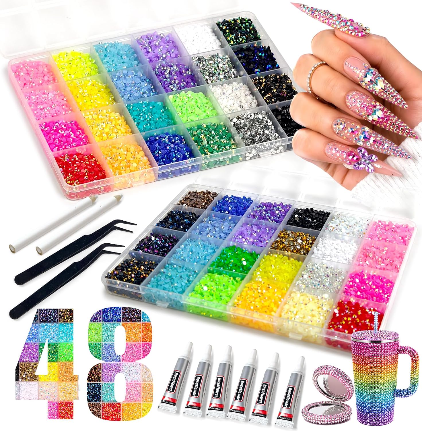48000Pcs 48 Colors Resin Jelly Rhinestones for Bedazzling, 3mm Multicolor Diamond Gems for Bedazzling kit, Bedazzle kit with 6Pcs 10ml Glue for DIY Crafts Clothes Shoes Nail Diamond Art Makeup