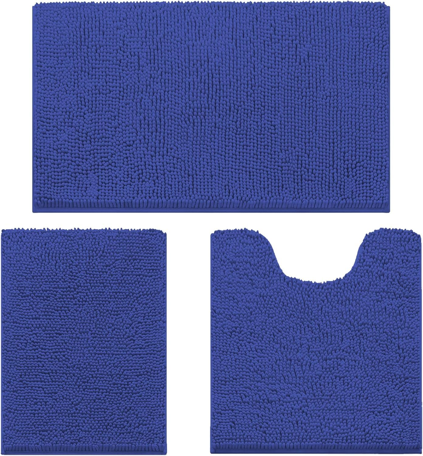 placeroom Bathroom Mat Set of 3, Bath and Toilet Mat Set,Ultra Soft Chenille Bath Mat Non Slip,Bath Mat Sets 3 Piece Washable,Super-Absorbent Bath(Royal Blue bath set)