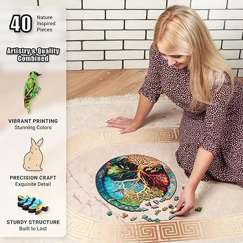 Miniatura 5 de Rompecabezas grande de madera de mandala de árbol de la vida, rompecabezas de madera de 350 piezas para adultos, diseño redondo inspirado en la