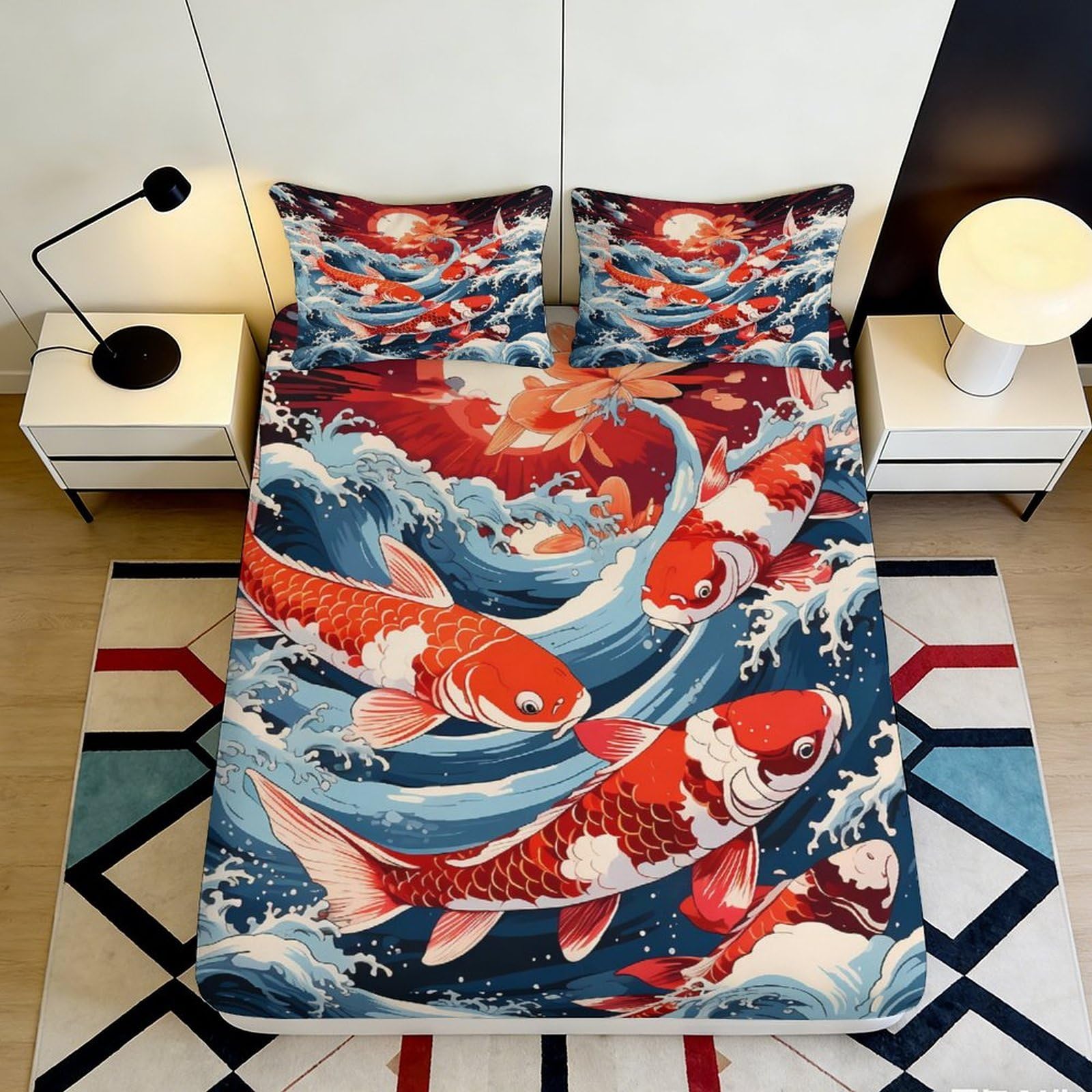 3D Printed Koi Fish Waves Fitted Sheet Microfiber Mattress Cover Anti-Slip Machine Washable for Bedroom Guest Room Decor 90x200x25cm