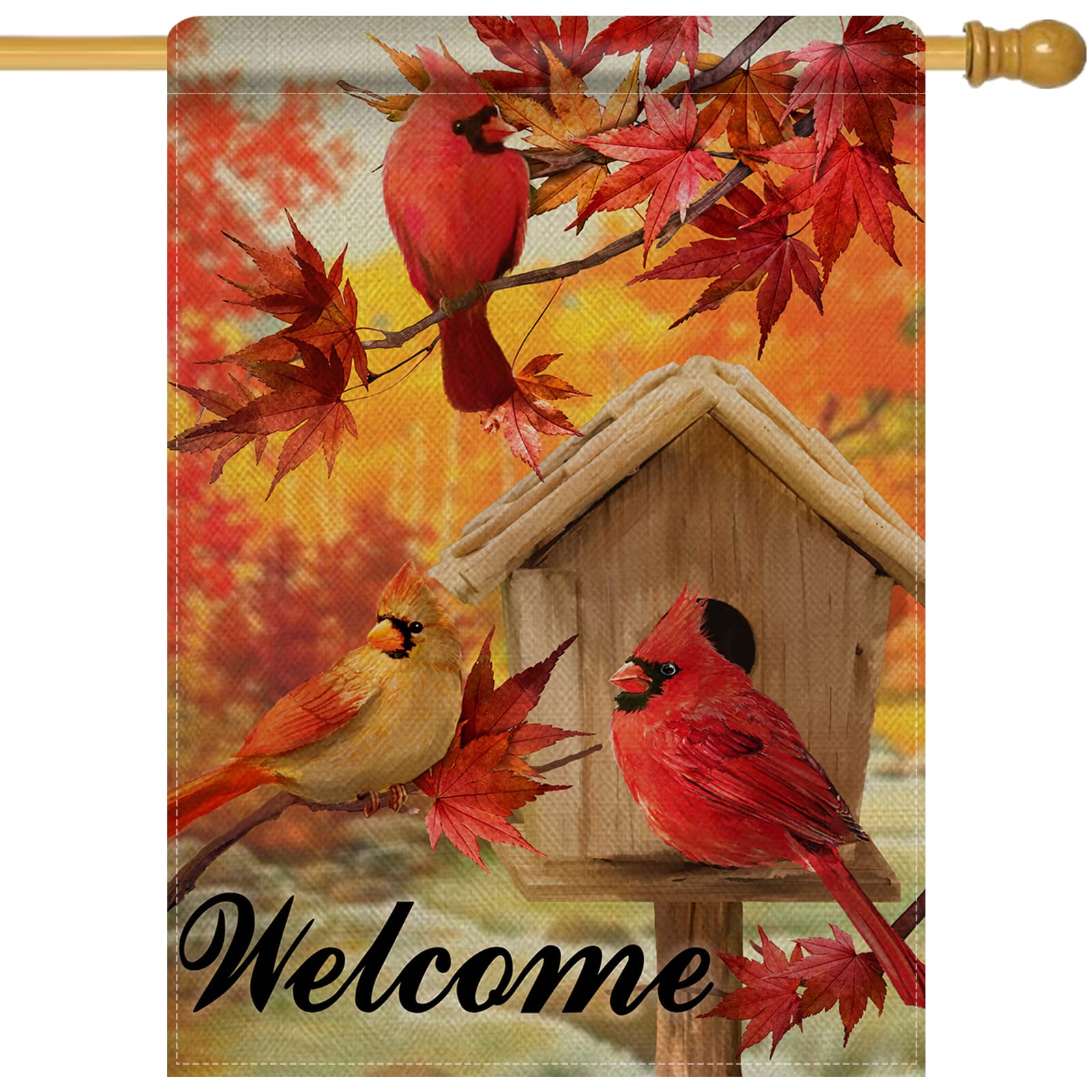 Artofy Hausflagge: Vintage Herbstdeko Mit Kardinal-Vogel & Ahornblätter, 28x40 Cm, Doppelseitig Für Garten & Veranda