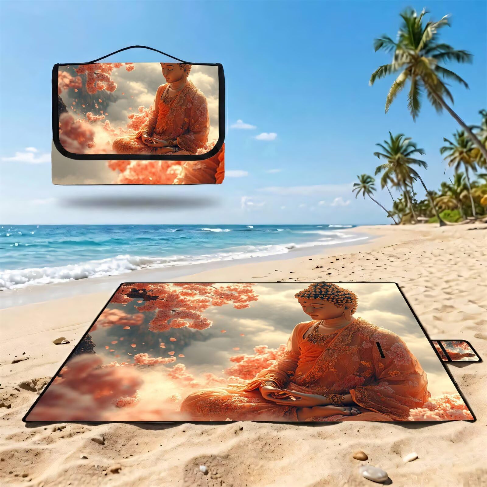 Couverture de Pique-Nique Grande 200x300cm,Outdoor Couverture Imperméable,Pliable Tapis de Plage Dos en PVC Anti-Sable,Picnic Blanket pour Camping Accessoires,Jardin,Parc - Bouddha,Fleur UZ-741