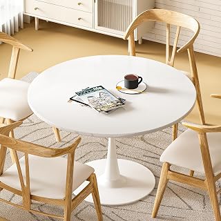 DKLGG White Round Dining Table, 39.1" Tulip Kitchen Dining Table for 4-5 People with MDF Table Top & Pedestal Base, Mid-Century End Living Room Table