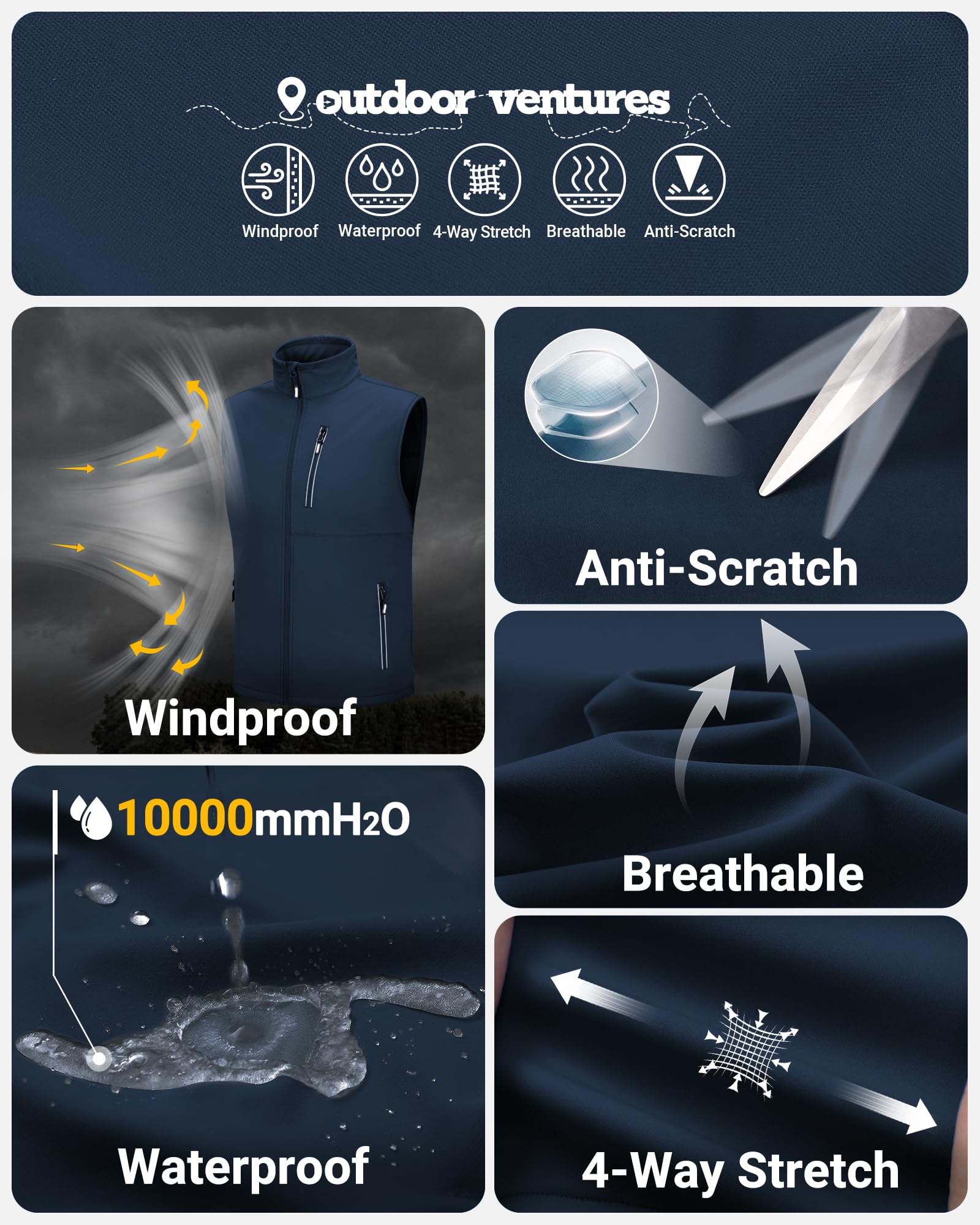 Outdoor Ventures Softshell Weste Herren Outdoor Fahrradweste Wasserdicht Winddichte Ärmellose Jacke Full Zip Atmungsaktive Laufweste