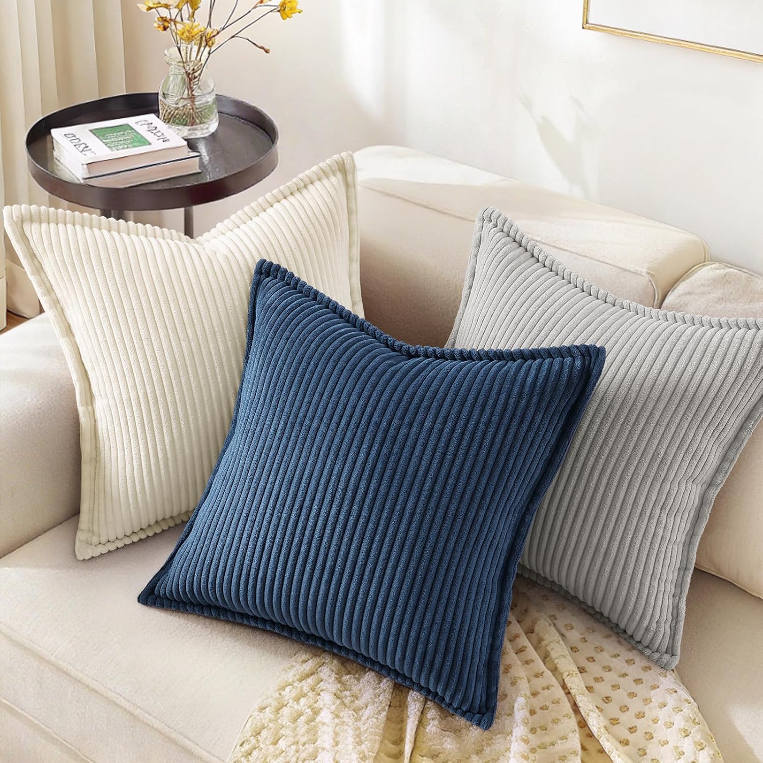 decorUhome Spring Corduroy Grey Throw Pillow Covers 18x18 Set of 2 Decorative Soft Boho Farmhouse Couch Pillow Covers for Living Room Bed Sofa Broadside Striped Pillow Cases - Image 5