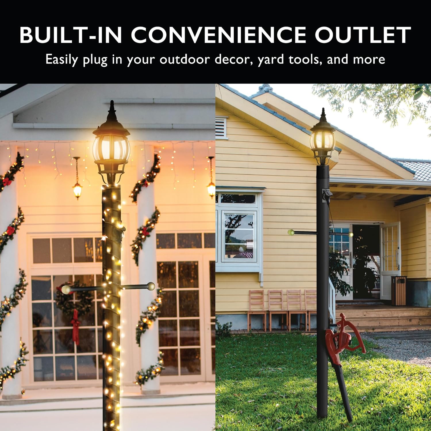 Traditional Outdoor Lamp Post with Plastic Cross Arm – Direct Burial Installation – Built-in Outlet and Dusk to Dawn Photo Eye Sensor – Black – Design House, 589812