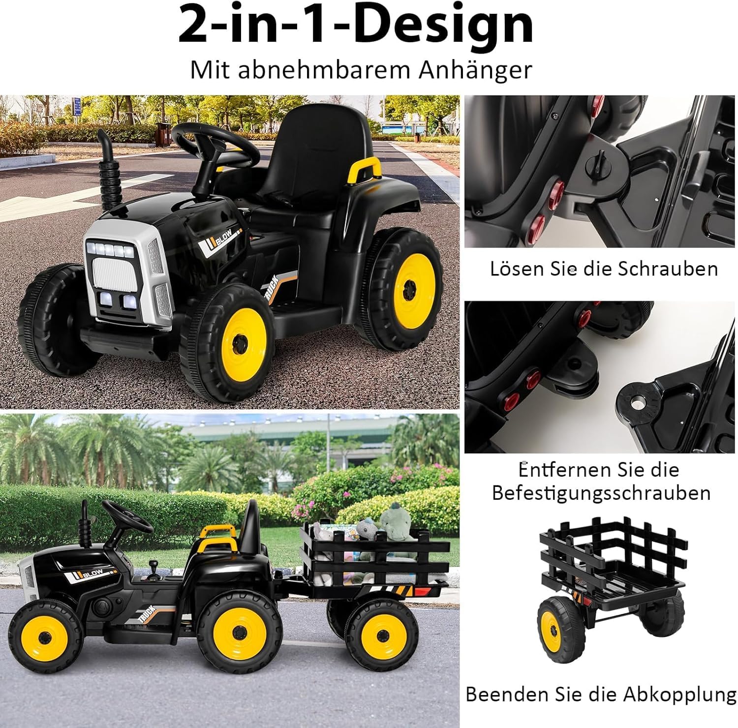 FANTASK Trattore con rimorchio rimovibile e telecomando da 2,4 G, trattore per bambini regolabile in velocità 12 V con luce LED, musica, clacson e funzioni USB, adatto per bambini dai 3 anni in su