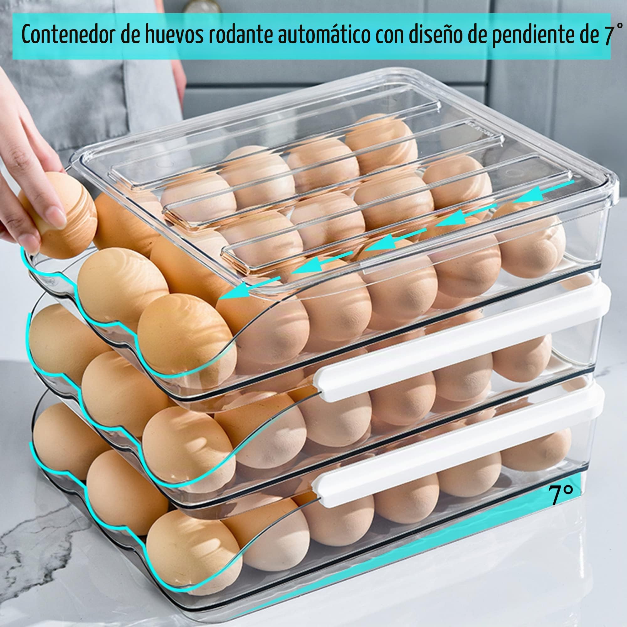 Huevera de gran capacidad para el frigorífico Bandeja organizadora de huevos apilable para el frigorífico Plástico transparente (3 capas)