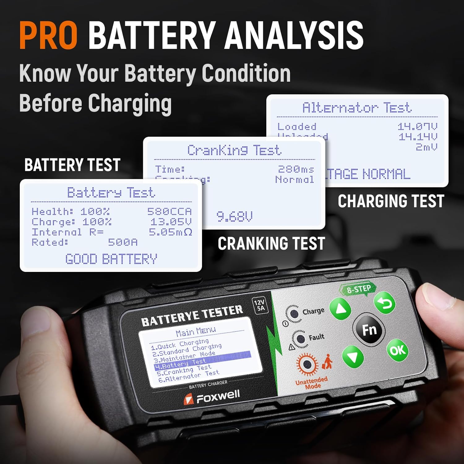 FOXWELL BC521 5A 12V Battery Charger & Tester, 4-in-1 Battery Maintainer, Trickle Charger & Cranking/Charging System Tester, Smart 8-Stage Charging, Pulse Repair, Unattended Mode for Car/RV/Motorcycle - Image 4