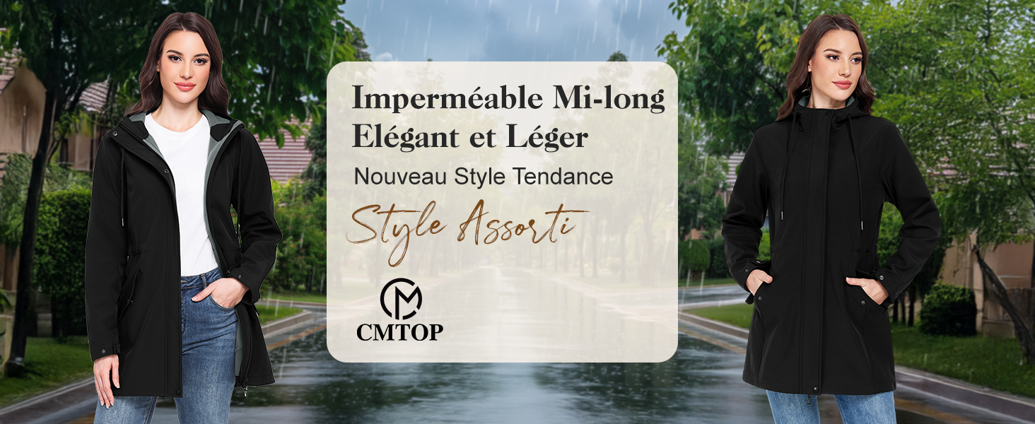 CMTOP Veste Imperméable Femme Mi-Longue - Manteau Pluie Léger Chaud Coupe-Vent Parka Trench