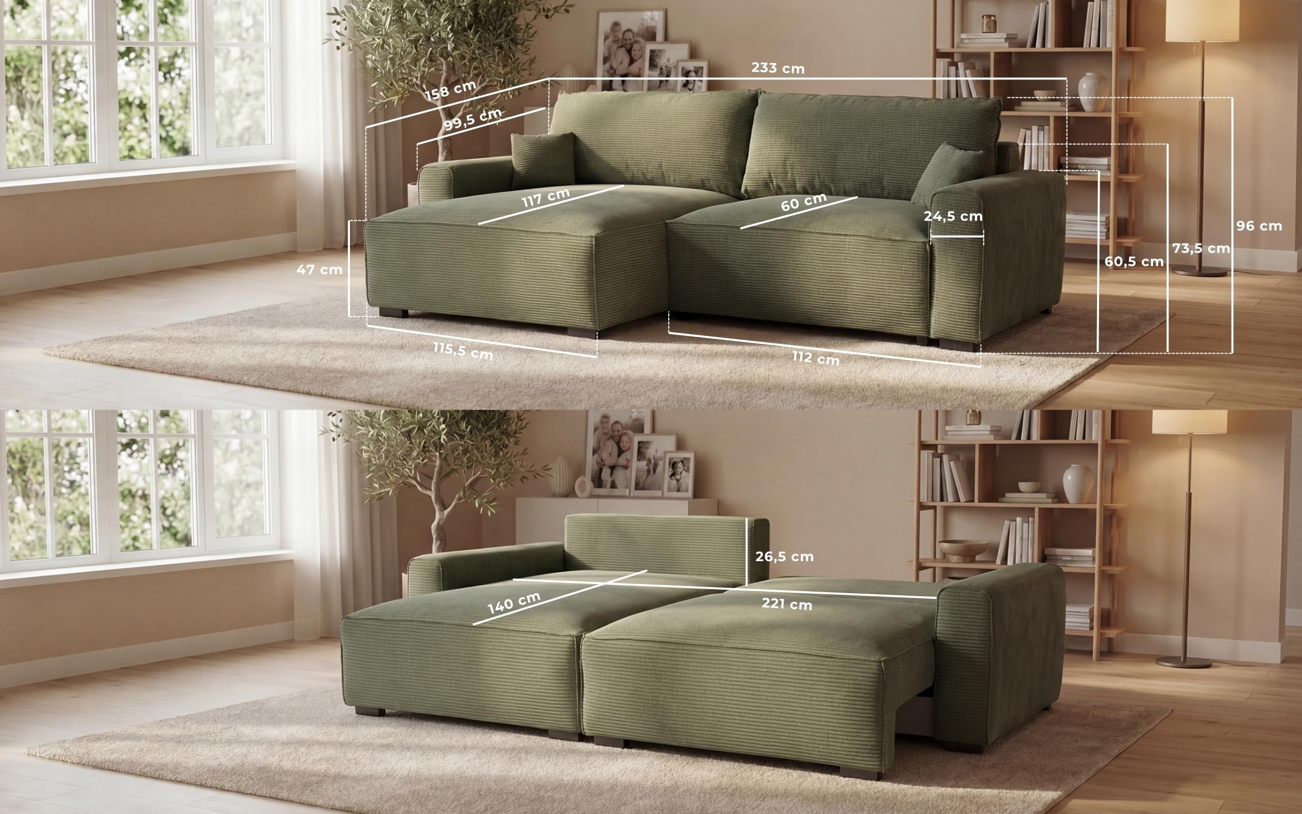 BUDWING Lauren Sofá Cama 3 Plazas – Chaise Longue Reversible con Almacenaje – Estilo Moderno, Tejido Resistente de 380 g/m² – 269x158x96 cm – Verde Bosque