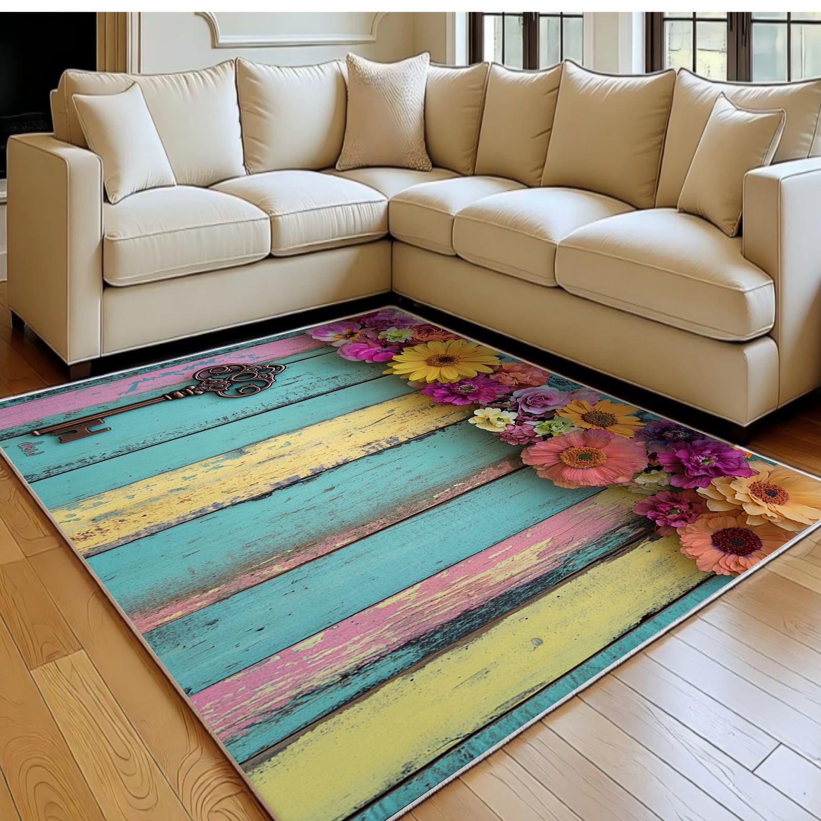 Tapis bleu-vert lavable et antidérapant à poil ras doux pour couloir