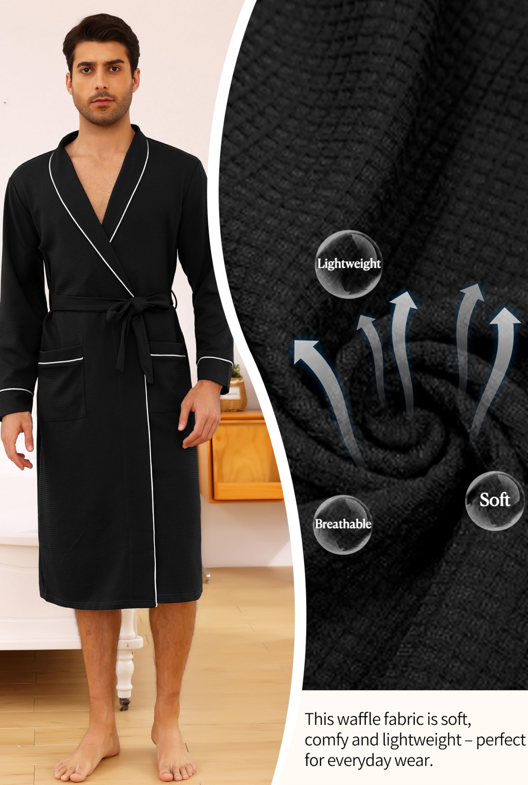 Vlazom Peignoir Homme en Coton Waffle à Col Revers Robe de Chambre avec Poches, Ceinture et Finitions Contrastées